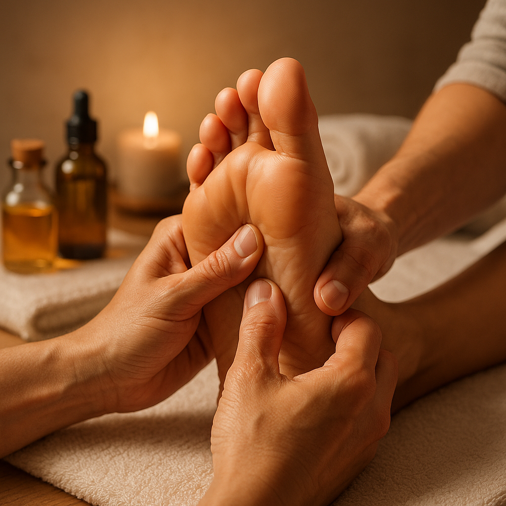 prikazan proces tretmana masiranja stopala - refleksologija